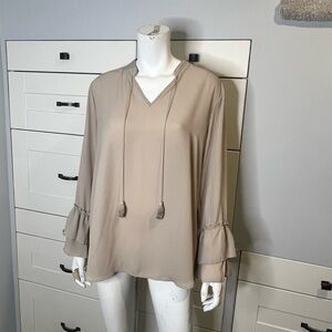 Tacera. XLarge Peasant top. Flare sleeve. Tassels. Taupe.. Lightweight.